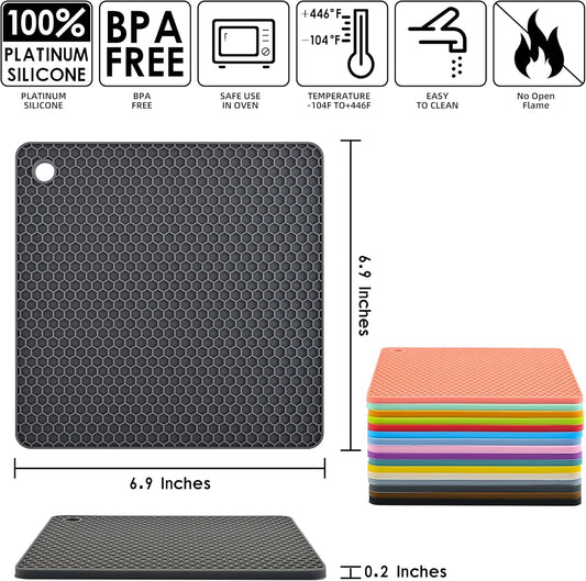 Silicone Trivets Mats Set, Silicone Hot Pads Pot Mat for Countertop, Trivet Pads Heat Resistant, Table Placemats, Square Small Drying Mats, 4 Pack, Black Trivets