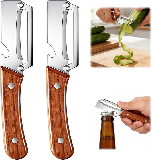 2 Pcs Multi-Functional Vegetable Peeler for Kitchen, Premium Vegetable Peeler with Wooden Handle and Bottle Opener, Stainless Steel Blade Kitchen Tool for Fruit Apple Potato Pumpkin Papaya Carrot