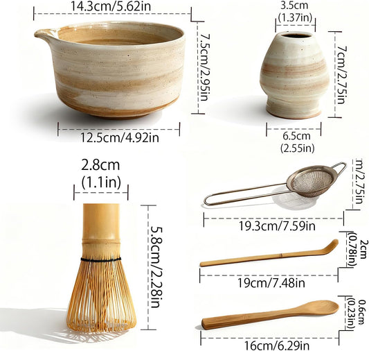 Matcha Whisk Set, Traditional Japanese Tea Accessories | Matcha Set, 6 Pieces, with Bamboo Whisk, Ceramic Bowl & Sifter Complete Matcha kit Tea Includes Scoop & Spout Bowl
