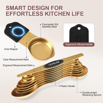 16-Piece Magnetic Measuring Cups and Spoons Set, Stainless Steel, Gold