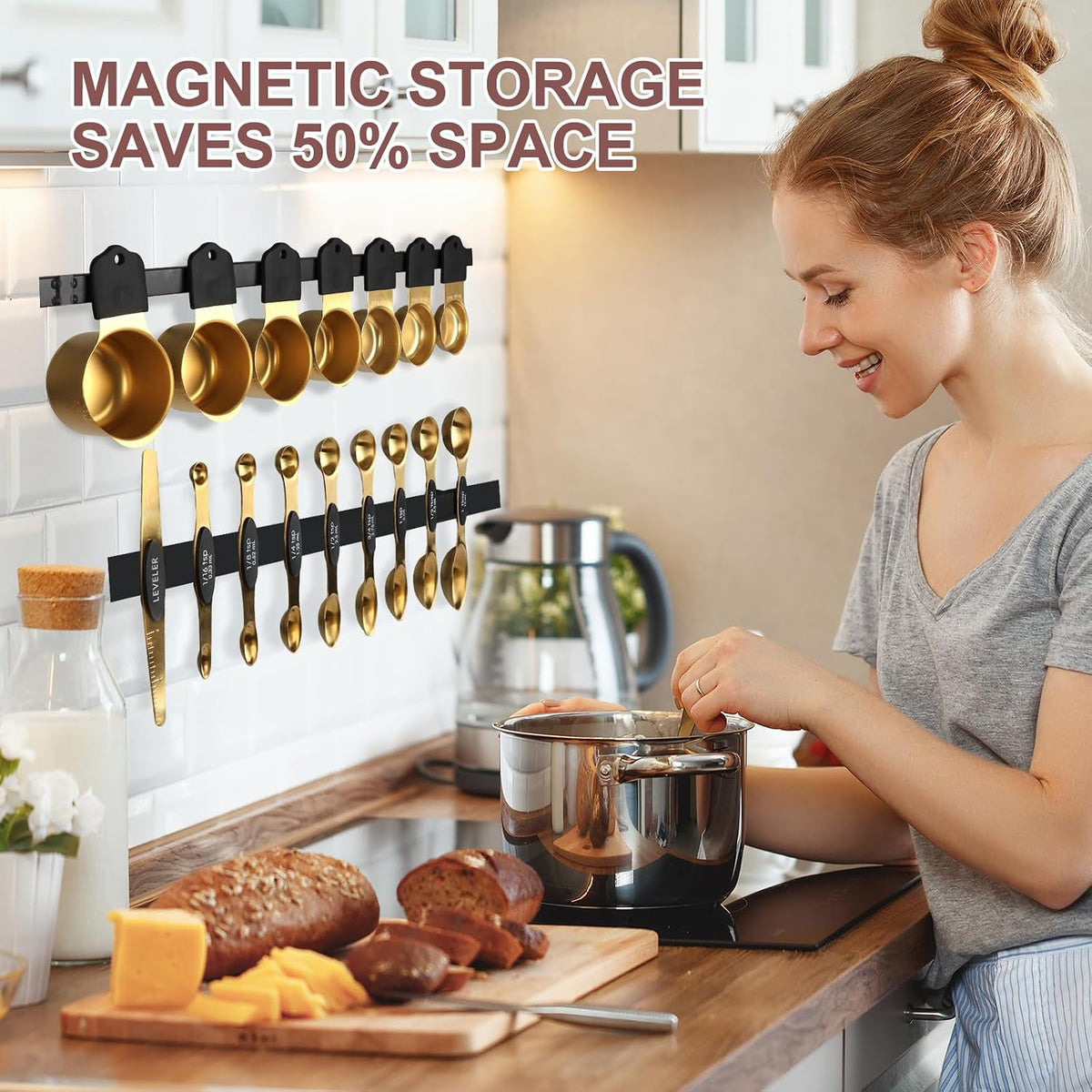 16-Piece Magnetic Measuring Cups and Spoons Set, Stainless Steel, Gold