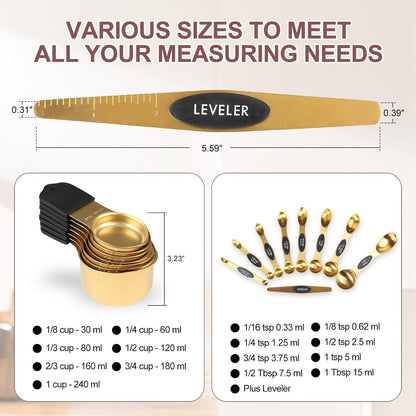 16-Piece Magnetic Measuring Cups and Spoons Set, Stainless Steel, Gold