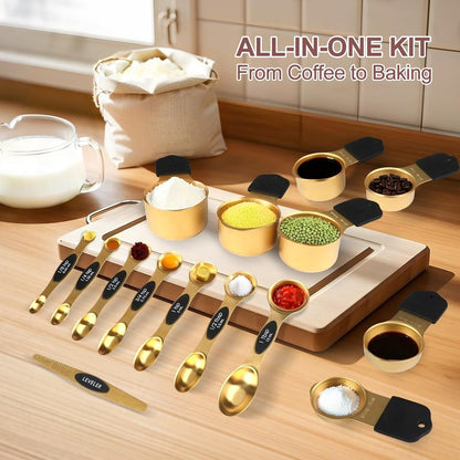 16-Piece Magnetic Measuring Cups and Spoons Set, Stainless Steel, Gold