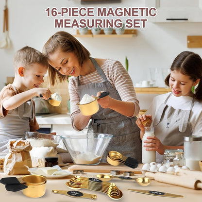 16-Piece Magnetic Measuring Cups and Spoons Set, Stainless Steel, Gold