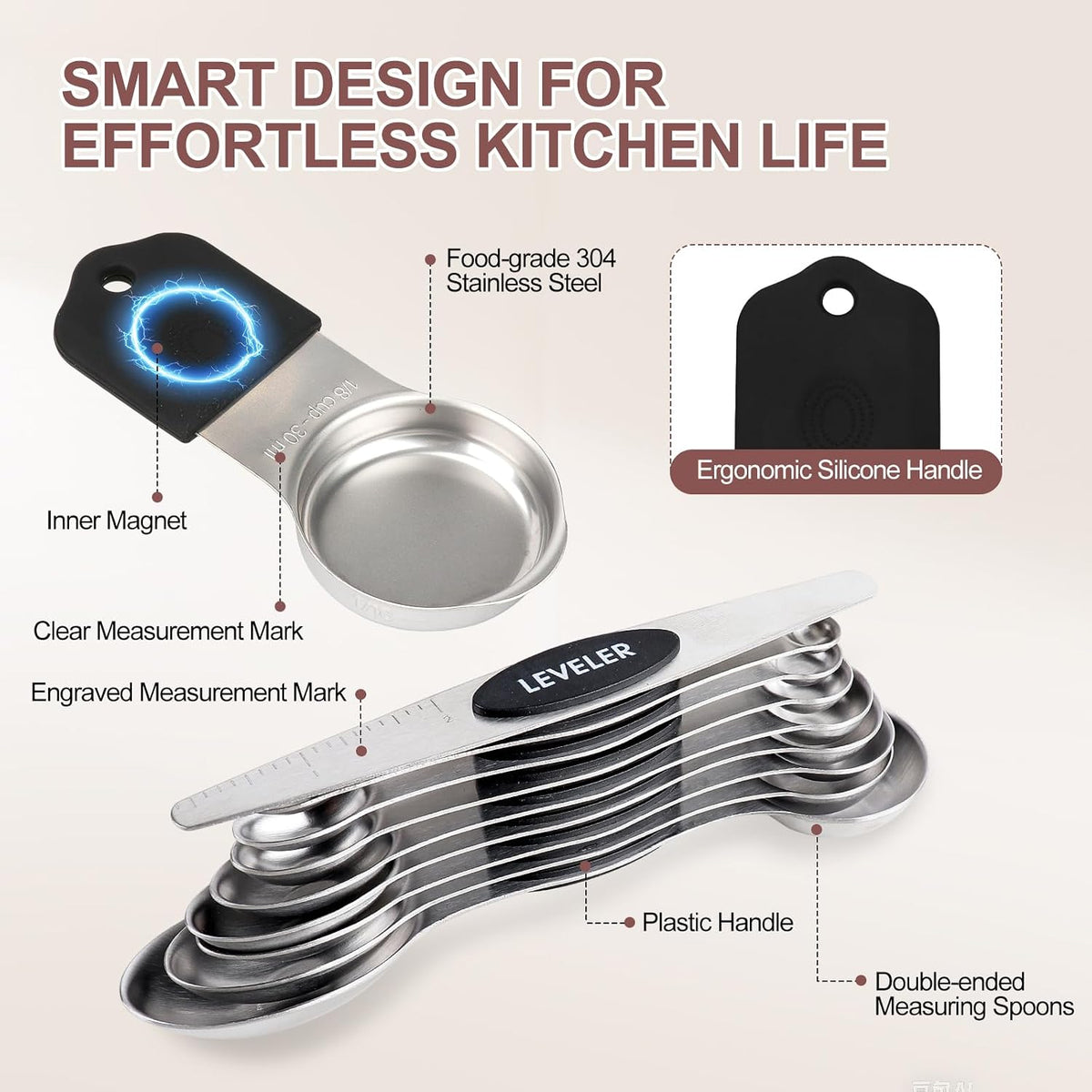 16-Piece Magnetic Measuring Cups and Spoons Set, Stainless Steel, Gold