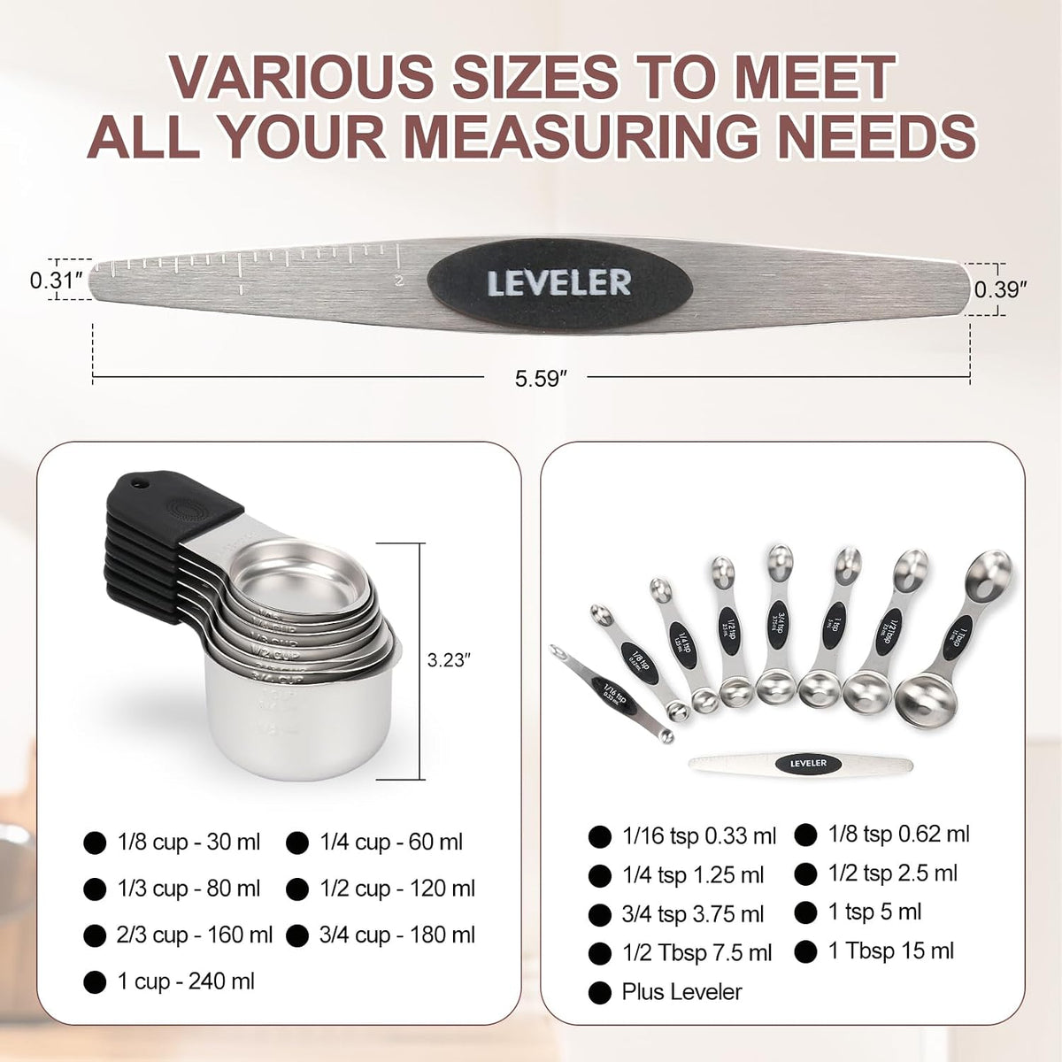 16-Piece Magnetic Measuring Cups and Spoons Set, Stainless Steel, Gold