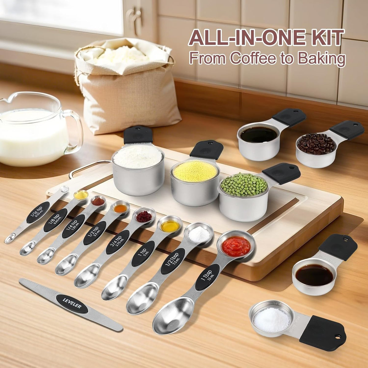 16-Piece Magnetic Measuring Cups and Spoons Set, Stainless Steel, Gold