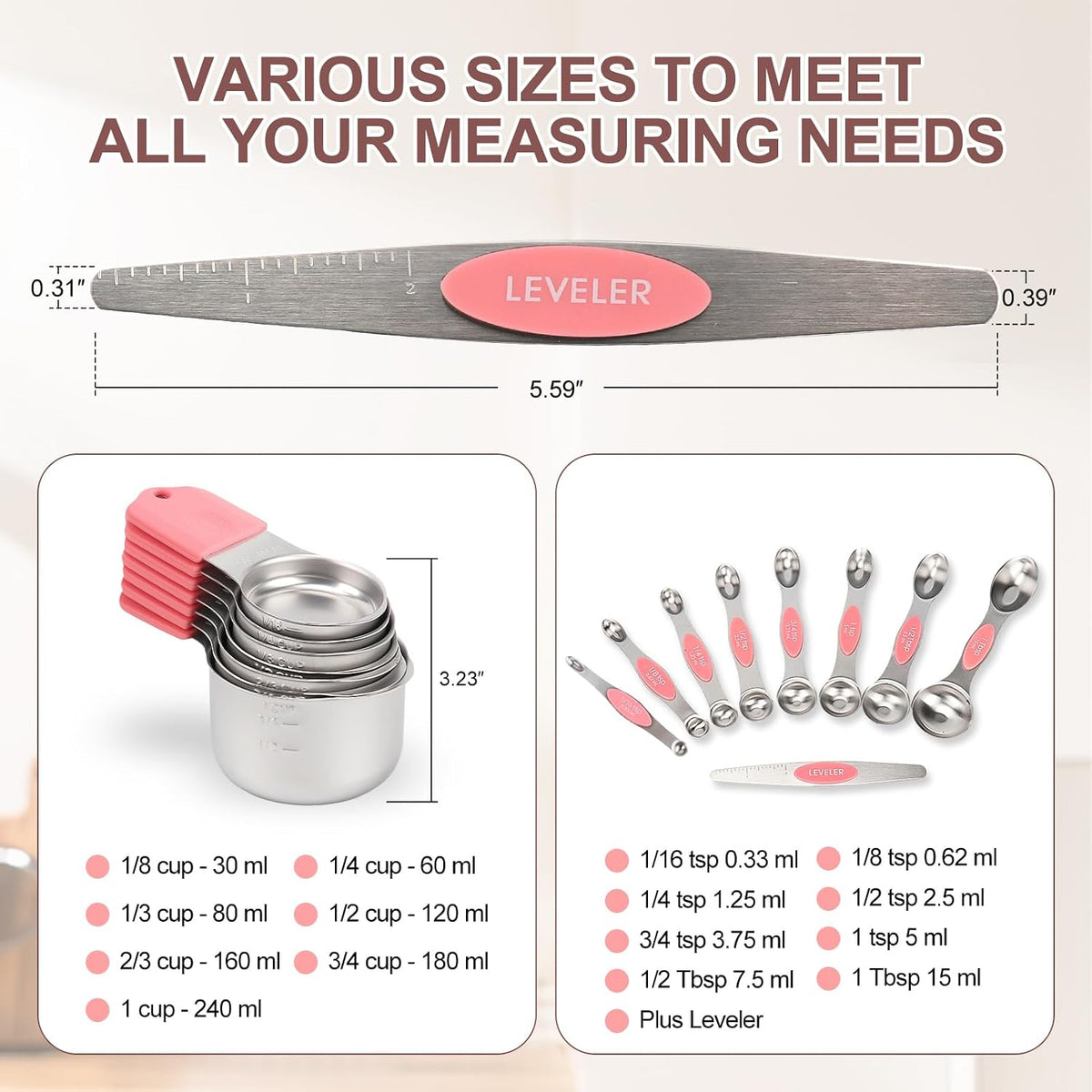 16-Piece Magnetic Measuring Cups and Spoons Set, Stainless Steel, Gold