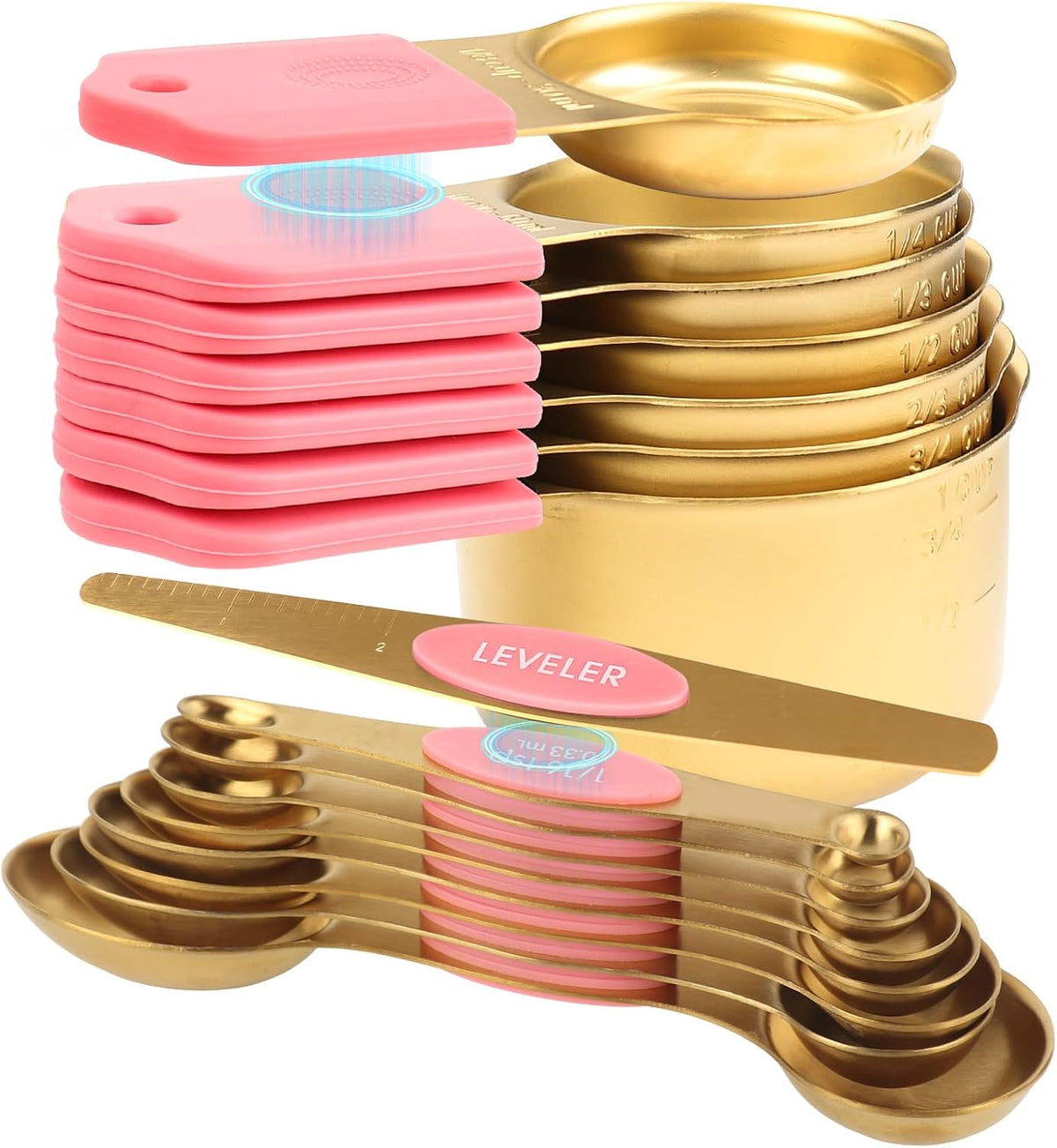 16-Piece Magnetic Measuring Cups and Spoons Set, Stainless Steel, Gold