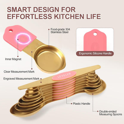 16-Piece Magnetic Measuring Cups and Spoons Set, Stainless Steel, Gold