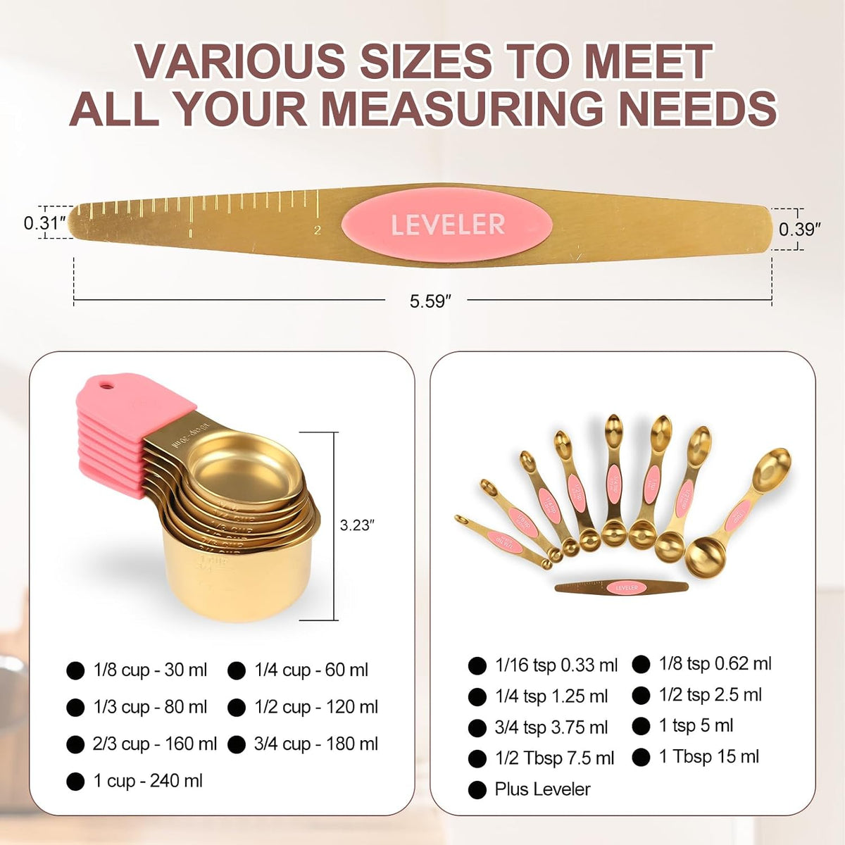 16-Piece Magnetic Measuring Cups and Spoons Set, Stainless Steel, Gold