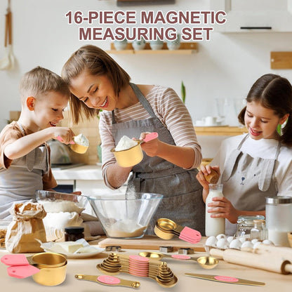 16-Piece Magnetic Measuring Cups and Spoons Set, Stainless Steel, Gold