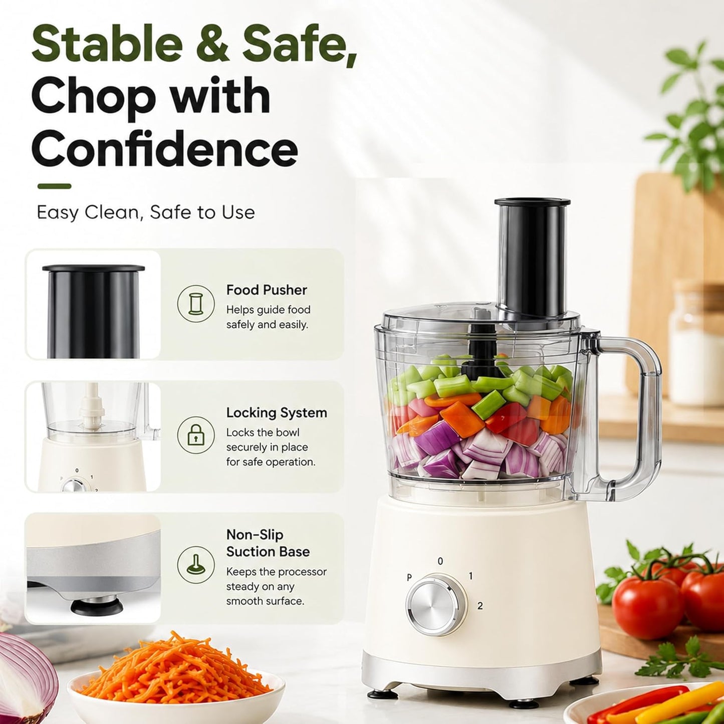 Food Processor 10.5 Cup, Multi-Functional Vegetable Choppers Food Grinder with Slicing Shredding Chopping Kneading, Suitable for Smoothie Fruit Dough, 2.6QT, Black