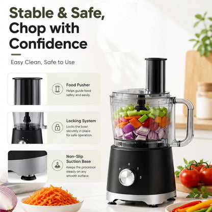 Food Processor 10.5 Cup, Multi-Functional Vegetable Choppers Food Grinder with Slicing Shredding Chopping Kneading, Suitable for Smoothie Fruit Dough, 2.6QT, Black