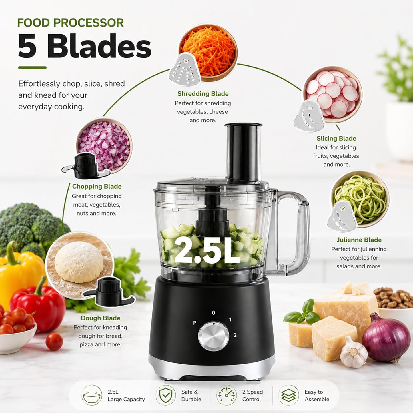 Food Processor 10.5 Cup, Multi-Functional Vegetable Choppers Food Grinder with Slicing Shredding Chopping Kneading, Suitable for Smoothie Fruit Dough, 2.6QT, Black