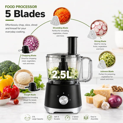 Food Processor 10.5 Cup, Multi-Functional Vegetable Choppers Food Grinder with Slicing Shredding Chopping Kneading, Suitable for Smoothie Fruit Dough, 2.6QT, Black