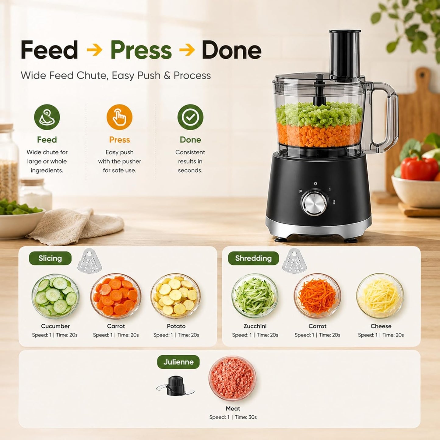 Food Processor 10.5 Cup, Multi-Functional Vegetable Choppers Food Grinder with Slicing Shredding Chopping Kneading, Suitable for Smoothie Fruit Dough, 2.6QT, Black