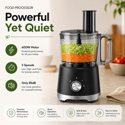 Food Processor 10.5 Cup, Multi-Functional Vegetable Choppers Food Grinder with Slicing Shredding Chopping Kneading, Suitable for Smoothie Fruit Dough, 2.6QT, Black