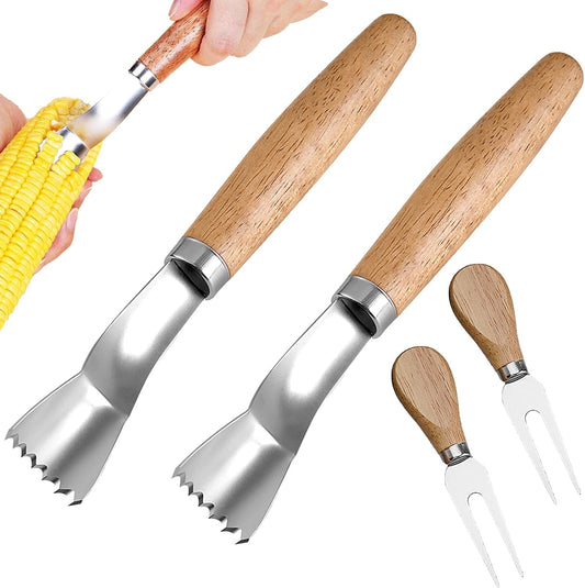 2 Pack Corn Peeler for Corn on the Cob + 2 Corn Cob Holders, Flexible Stainless Steel Blade Corn Stripper Tool Set, Ergonomic Handle Corn Kernel Remover & Cutter, Corn on the Cob Tool for Kitchen, BBQ