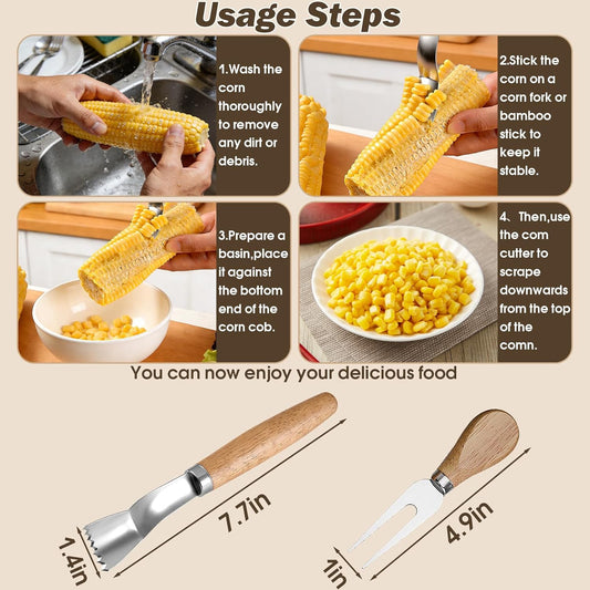 2 Pack Corn Peeler for Corn on the Cob + 2 Corn Cob Holders, Flexible Stainless Steel Blade Corn Stripper Tool Set, Ergonomic Handle Corn Kernel Remover & Cutter, Corn on the Cob Tool for Kitchen, BBQ