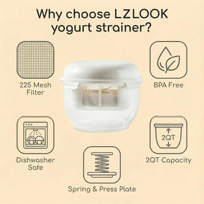 Greek Yogurt Strainer | 2 QT Ultra-Fine Mesh Filter with Spring Press | Yogurt, Kefir, Nut Milk & Soy Milk Strainer | BPA-Free Large Yogurt Container for Home Kitchen | MultiFunctional Yogurt Filter