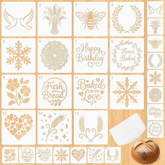 30Pcs Handmade Bread Template with Food Dough Scraper, Sourdough Stencils for Bread Sourdough Design Tools Cookie Stencil Holder, Diverse Patterns for Pie Decorating or Cookie Cake