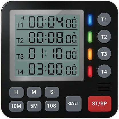 Digital Kitchen Timer - 4-Channel Cooking Timer with Alarm, Magnetic Back, Loud & Silent Modes, Count Up/Down, Ideal for ovens, Seniors, Kids and classrooms, Replaceable AAA Battery