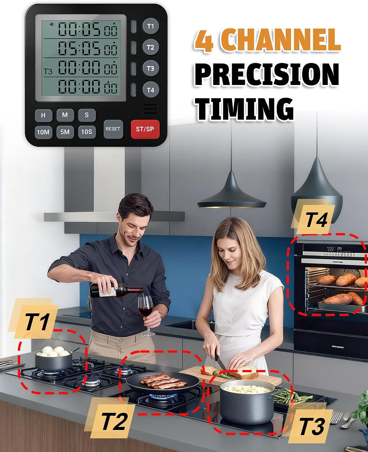 Digital Kitchen Timer - 4-Channel Cooking Timer with Alarm, Magnetic Back, Loud & Silent Modes, Count Up/Down, Ideal for ovens, Seniors, Kids and classrooms, Replaceable AAA Battery