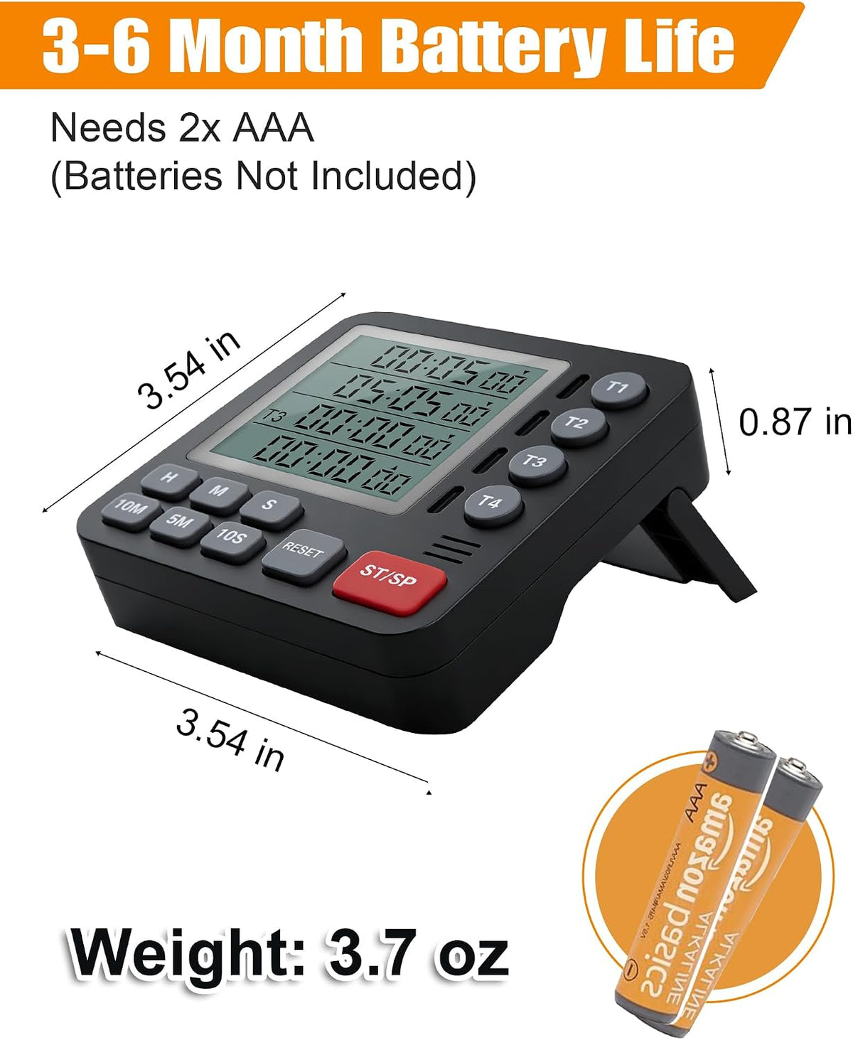 Digital Kitchen Timer - 4-Channel Cooking Timer with Alarm, Magnetic Back, Loud & Silent Modes, Count Up/Down, Ideal for ovens, Seniors, Kids and classrooms, Replaceable AAA Battery