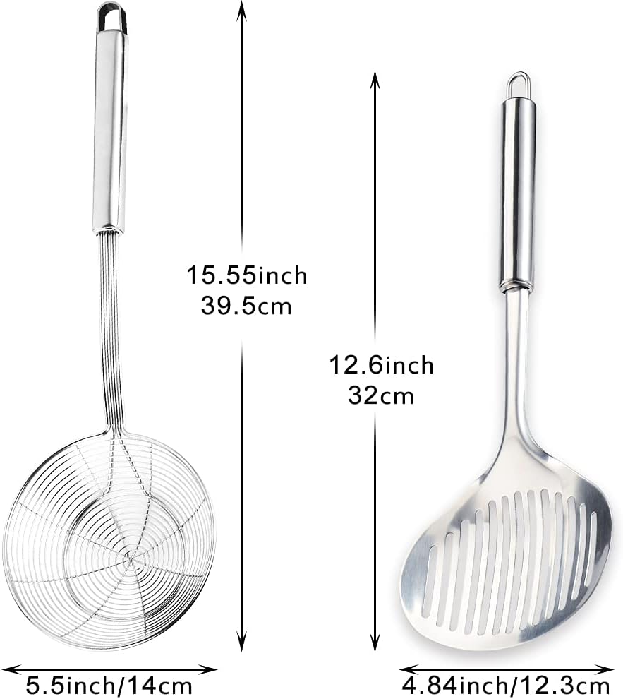 Multi Kitchen Utensil Stainless Steel Cooking Skimmer Slotted Fish Turner Spatula Spoon Colander Drain Water Filter Spoon Ladle Spider Strainer Skimmer Ladle for Cooking &Frying (2pcs)