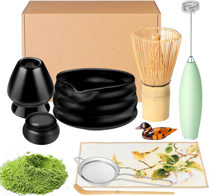 Matcha Whisk Set and Bowl, Matcha Making Kit Whisk, Bowl With Spout, Sifter, Ceramic Whisk Holder, Spoon Japanese Tea Powder Starter Tools For Ceremony Gift (Black, 9 Pack)