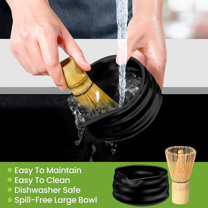 Matcha Whisk Set and Bowl, Matcha Making Kit Whisk, Bowl With Spout, Sifter, Ceramic Whisk Holder, Spoon Japanese Tea Powder Starter Tools For Ceremony Gift (Black, 9 Pack)