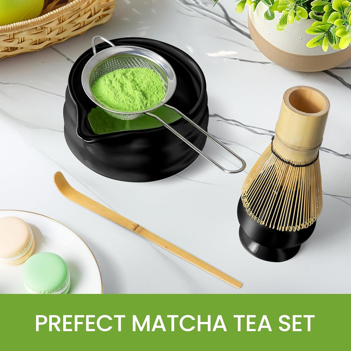 Matcha Whisk Set and Bowl, Matcha Making Kit Whisk, Bowl With Spout, Sifter, Ceramic Whisk Holder, Spoon Japanese Tea Powder Starter Tools For Ceremony Gift (Black, 9 Pack)