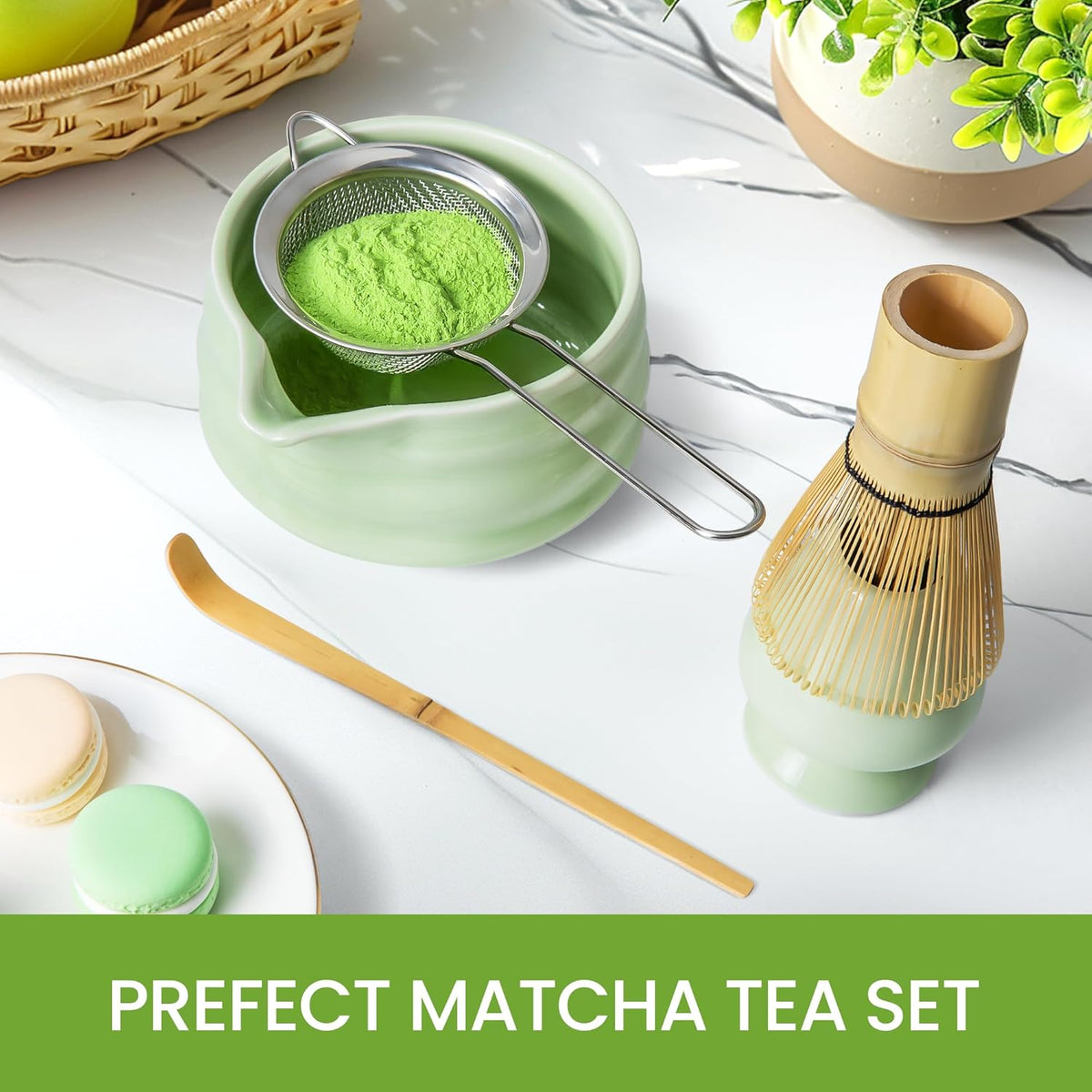 Matcha Whisk Set and Bowl, Matcha Making Kit Whisk, Bowl With Spout, Sifter, Ceramic Whisk Holder, Spoon Japanese Tea Powder Starter Tools For Ceremony Gift (Black, 9 Pack)