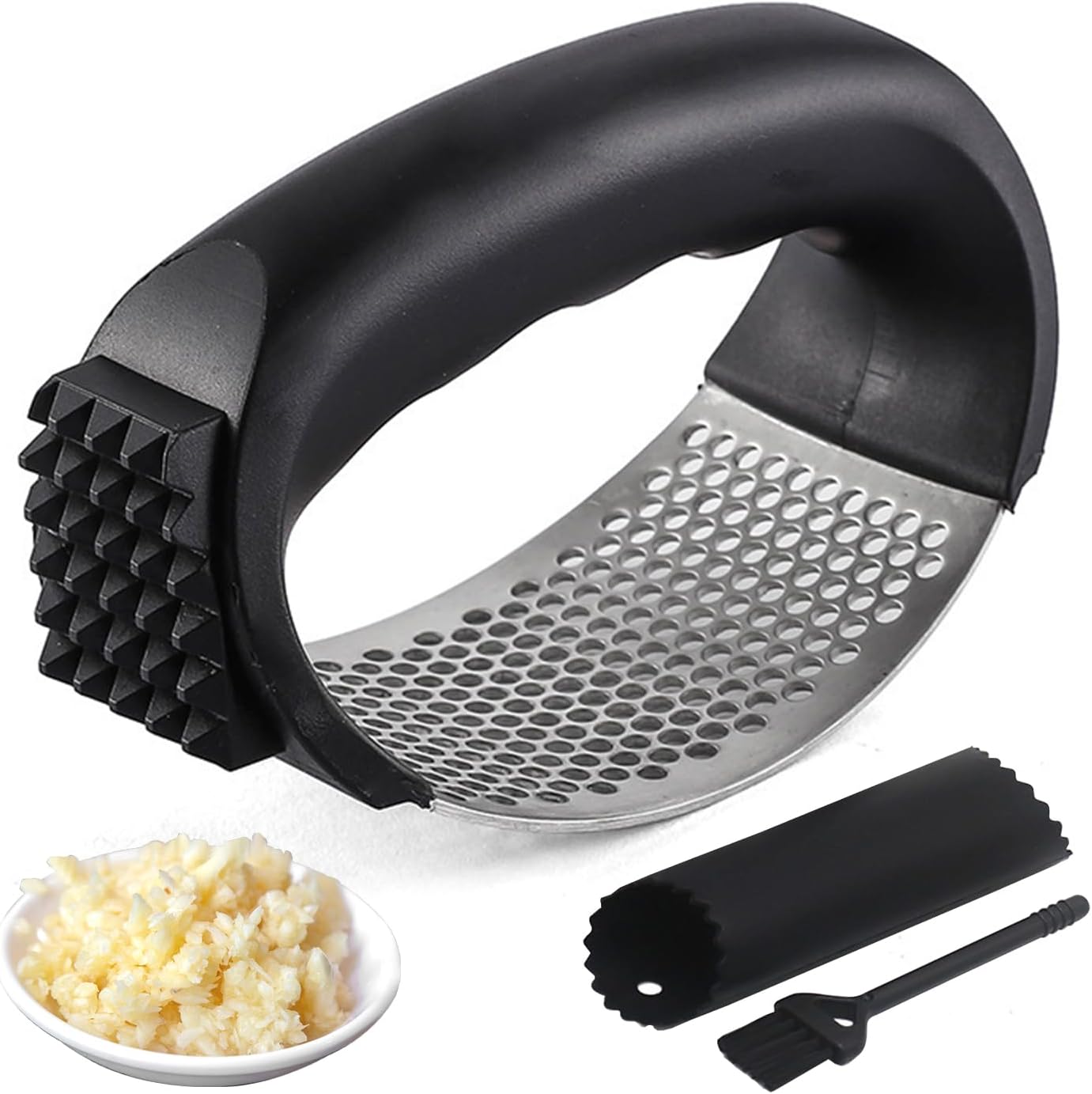 Upgraded Stainless Steel Garlic Press, Rocker Mincer Crusher Masher with Peeler and Cleaning Brush, Chopper for Kitchen Gadgets (C-BLACK)