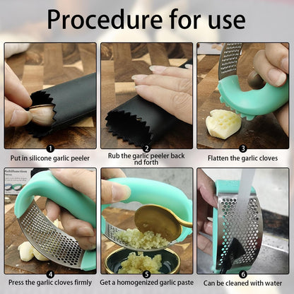 Upgraded Stainless Steel Garlic Press, Rocker Mincer Crusher Masher with Peeler and Cleaning Brush, Chopper for Kitchen Gadgets (C-BLACK)