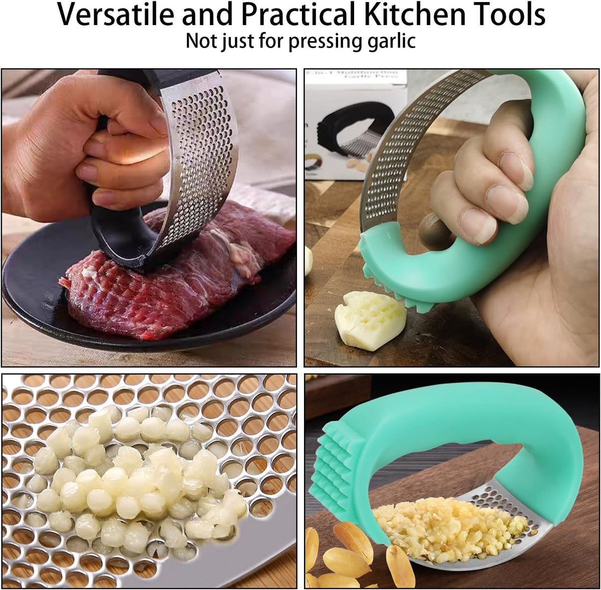 Upgraded Stainless Steel Garlic Press, Rocker Mincer Crusher Masher with Peeler and Cleaning Brush, Chopper for Kitchen Gadgets (C-BLACK)