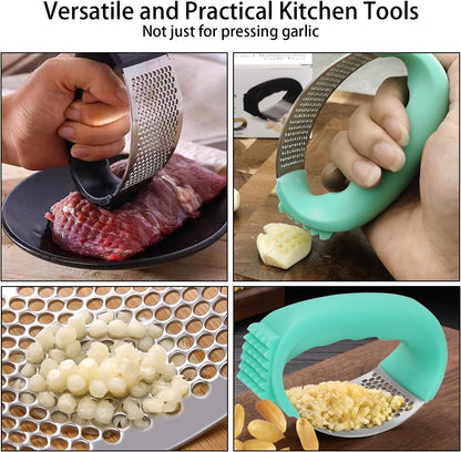 Upgraded Stainless Steel Garlic Press, Rocker Mincer Crusher Masher with Peeler and Cleaning Brush, Chopper for Kitchen Gadgets (C-BLACK)