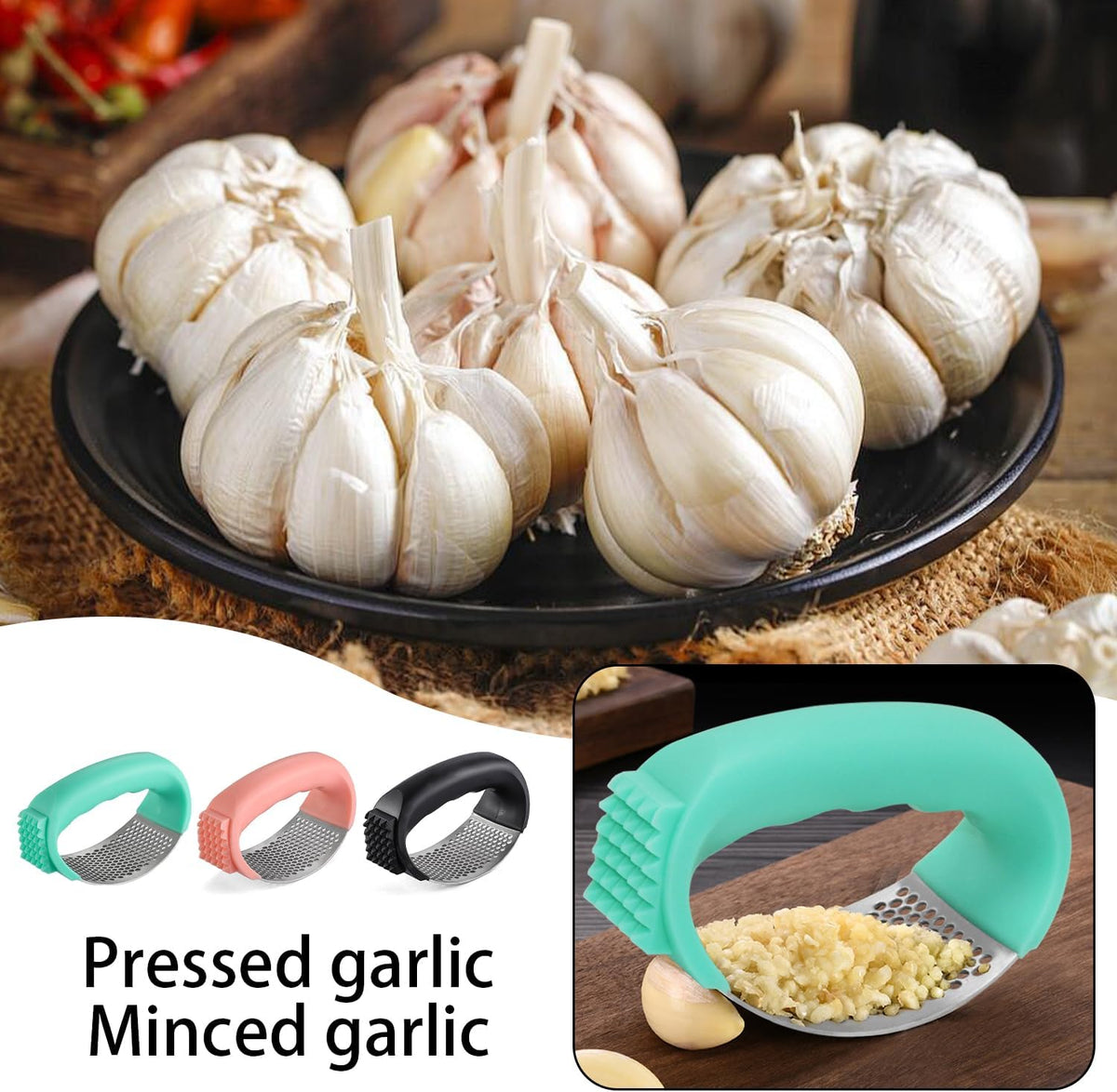 Upgraded Stainless Steel Garlic Press, Rocker Mincer Crusher Masher with Peeler and Cleaning Brush, Chopper for Kitchen Gadgets (C-BLACK)