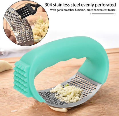 Upgraded Stainless Steel Garlic Press, Rocker Mincer Crusher Masher with Peeler and Cleaning Brush, Chopper for Kitchen Gadgets (C-BLACK)