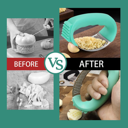 Upgraded Stainless Steel Garlic Press, Rocker Mincer Crusher Masher with Peeler and Cleaning Brush, Chopper for Kitchen Gadgets (C-BLACK)