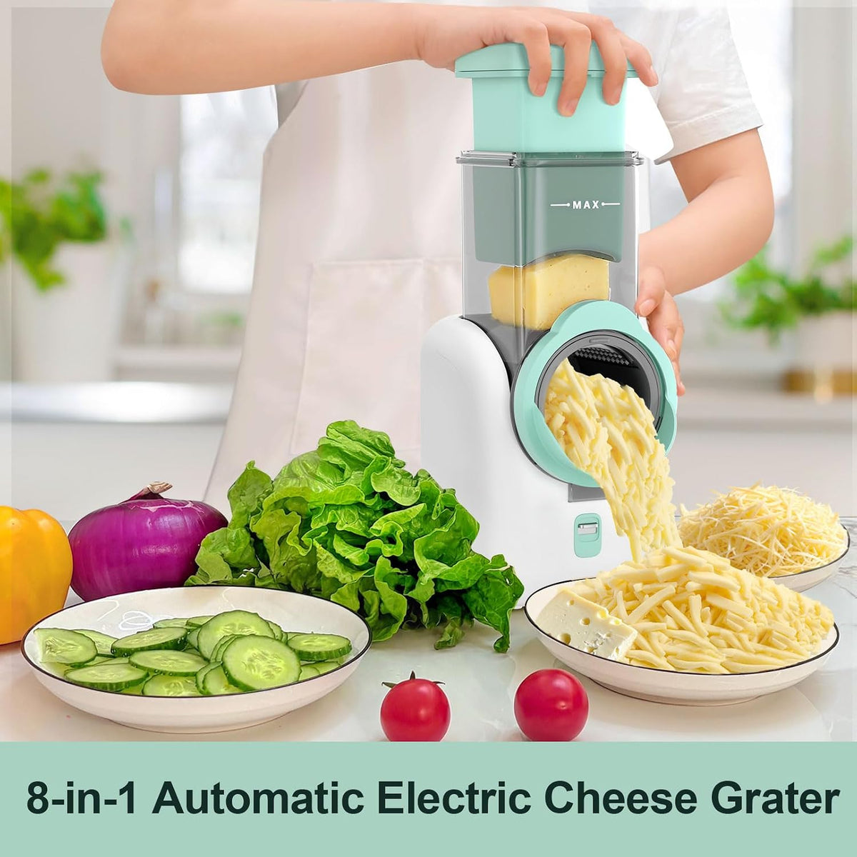 Upgraded Electric Cheese Shredder, Automatic Cheese Grater Electric with 6 Interchangeable Blades, 6 in 1 Electric Cheese Grater for Cheese, Fruits, and Vegetables