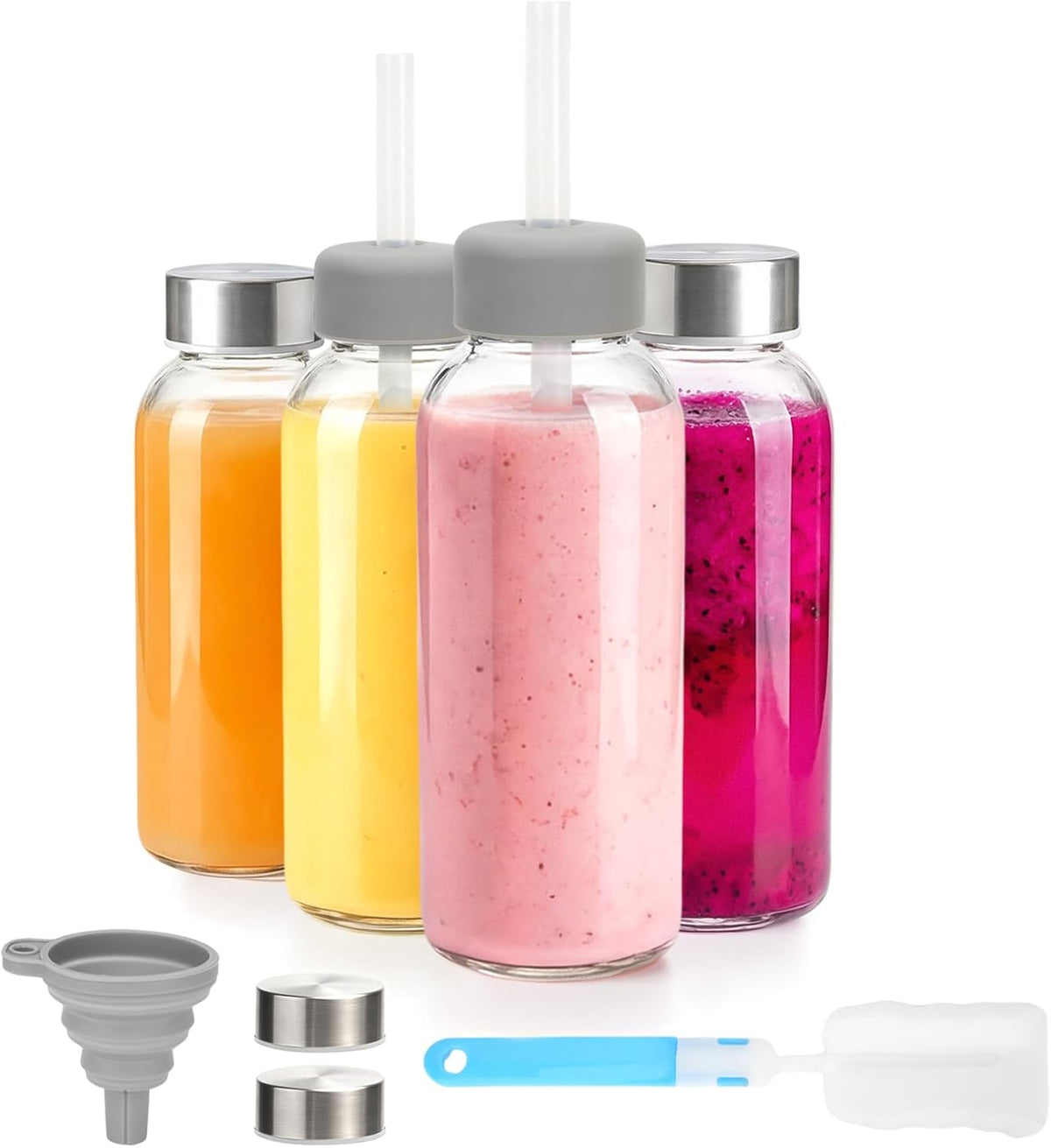 Zukro Clear Glass Juice Bottles with Stainless Steel Lids 12 oz Leak Proof