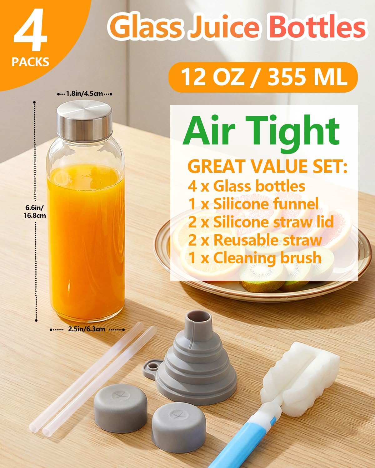 Zukro Clear Glass Juice Bottles with Stainless Steel Lids 12 oz Leak Proof
