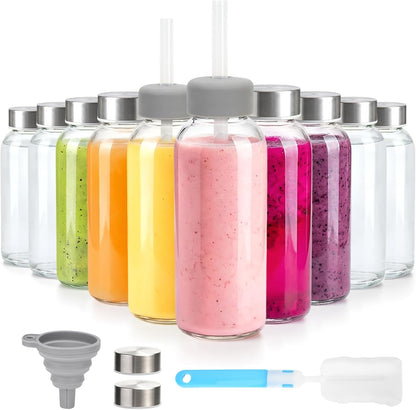 Zukro Clear Glass Juice Bottles with Stainless Steel Lids 12 oz Leak Proof