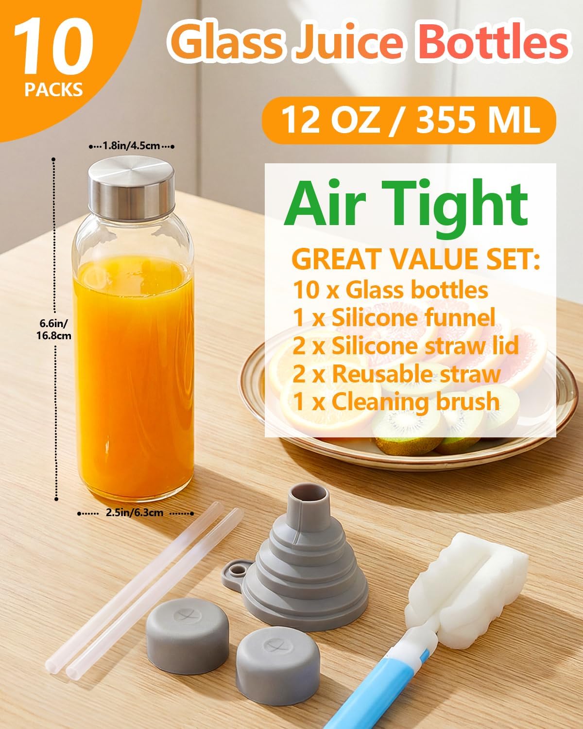 Zukro Clear Glass Juice Bottles with Stainless Steel Lids 12 oz Leak Proof