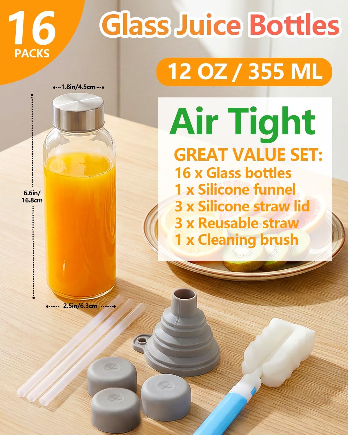 Zukro Clear Glass Juice Bottles with Stainless Steel Lids 12 oz Leak Proof