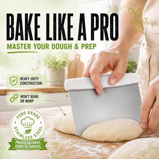 Stainless Steel Dough Cutter and Bench Scraper with White Plastic Handle - Pastry Scraper and Dough Divider for Bread, Pizza, Pastry, Baking Prep, and for Kitchen Use (5 7/8" x 4 1/4")