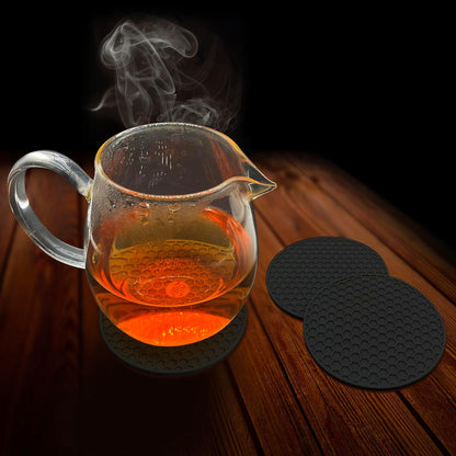 Silicone Non-Slip, Heat Resistant & Water-Trapping Trivet Mats for Water Glasses & Teacup & Coffee Cup & Dishes & Cookware, Multipurpose Kitchen Table Coaster, 5.5-Inch, 2 Pcs, Black