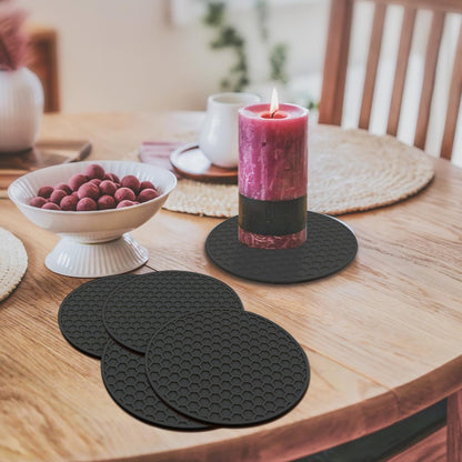 Silicone Non-Slip, Heat Resistant & Water-Trapping Trivet Mats for Water Glasses & Teacup & Coffee Cup & Dishes & Cookware, Multipurpose Kitchen Table Coaster, 5.5-Inch, 2 Pcs, Black